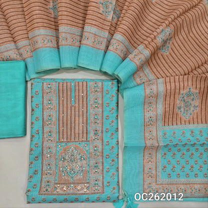 Pastel blue digital printed premium silk cotton unstitched salwar material, simple yoke (Thin, Lining Needed)matching santoon bottom, digital printed silk cotton dupatta. OC262012