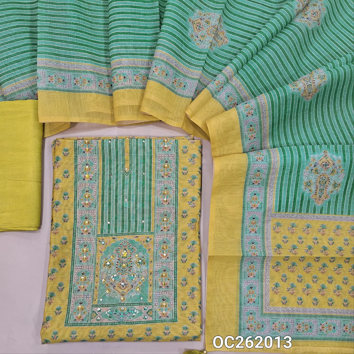 Mehandhi yellow digital printed premium silk cotton unstitched salwar material, simple yoke (Thin, Lining Needed)matching santoon bottom, digital printed silk cotton dupatta. OC262013