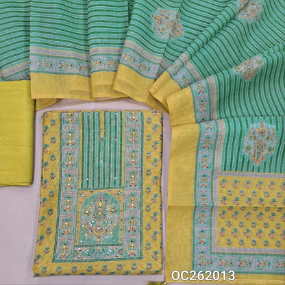 Mehandhi yellow digital printed premium silk cotton unstitched salwar material, simple yoke (Thin, Lining Needed)matching santoon bottom, digital printed silk cotton dupatta. OC262013