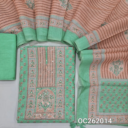 Light turquoise green digital printed premium silk cotton unstitched salwar material, simple yoke (Thin, Lining Needed)matching santoon bottom, digital printed silk cotton dupatta. OC262014