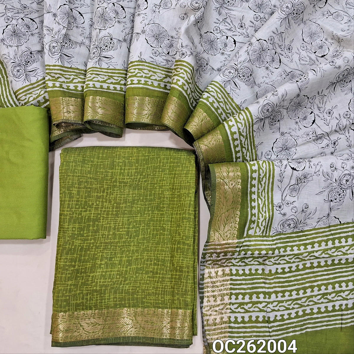 Mossy green chanderi silk cotton unstitched salwar material,printed all over,zari borders,(lining needed)spun cotton bottom, digital printed full length chanderi silk cotton dupatta with zari woven borders. OC262004