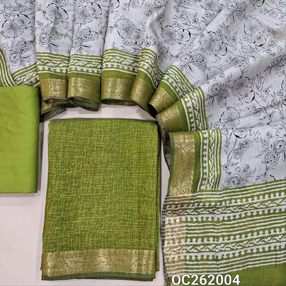 Mossy green chanderi silk cotton unstitched salwar material,printed all over,zari borders,(lining needed)spun cotton bottom, digital printed full length chanderi silk cotton dupatta with zari woven borders. OC262004