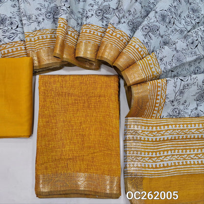 Mehandhi yellow chanderi silk cotton unstitched salwar material,printed all over,zari borders,(lining needed)spun cotton bottom, digital printed full length chanderi silk cotton dupatta with zari woven borders. OC262005