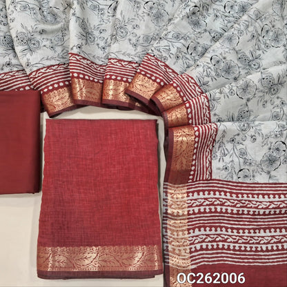 Reddish maroon chanderi silk cotton unstitched salwar material,printed all over,zari borders,(lining needed)spun cotton bottom, digital printed full length chanderi silk cotton dupatta with zari woven borders. OC262006