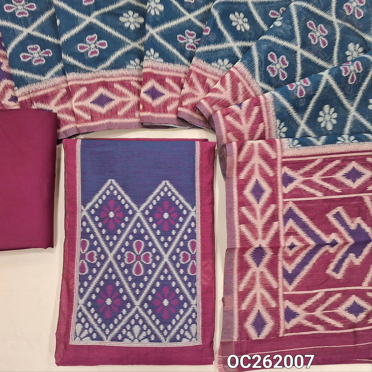 Rani pink and teal blue thread woven silk cotton unstitched salwar material (Thin, Lining Needed)matching spun cotton bottom, silk cotton dupatta with thread weaving. OC262007