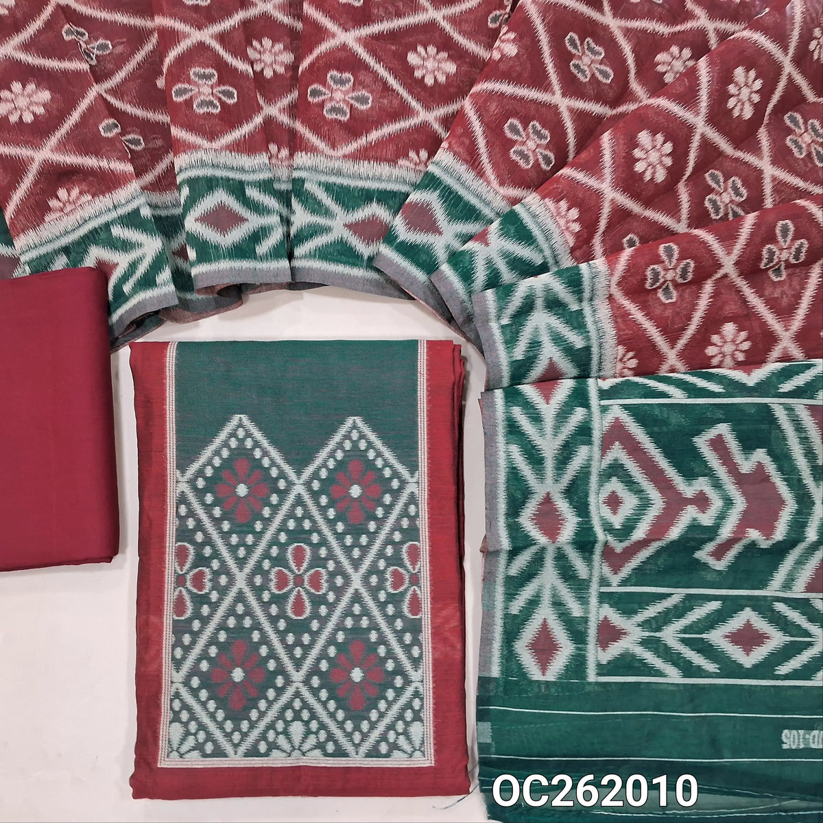 Maroon and teal green thread woven silk cotton unstitched salwar material (Thin, Lining Needed)matching spun cotton bottom, silk cotton dupatta with thread weaving. OC262010