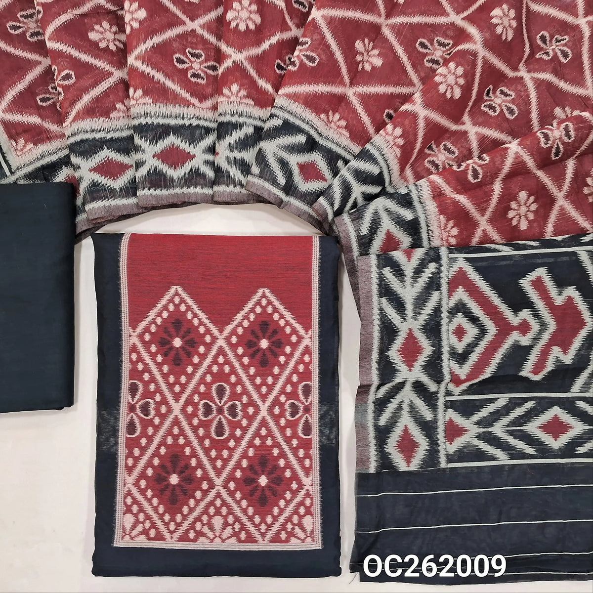 Black and maroon thread woven silk cotton unstitched salwar material (Thin, Lining Needed)matching spun cotton bottom, silk cotton dupatta with thread weaving. OC262009
