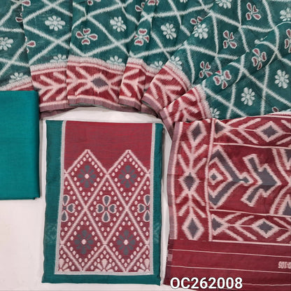 Teal green and maroon thread woven silk cotton unstitched salwar material (Thin, Lining Needed)matching spun cotton bottom, silk cotton dupatta with thread weaving. OC262008