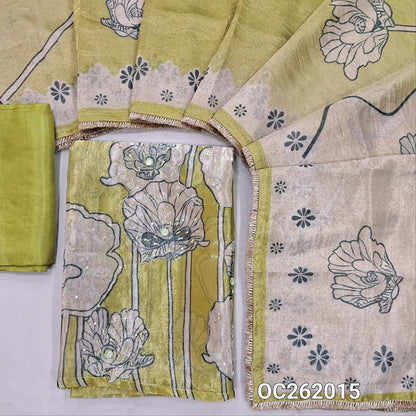 Designer mehandhi green crinkled tissue organza silk unstitched salwar material, sugar bead and sequins work (Thin, Lining Needed) silk bottom, digital printed dupatta. OC262015