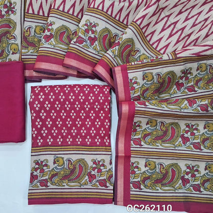 Dark pink digital printed chanderi silk cotton unstitched salwar material,(lining needed) spun cotton bottom, printed full length chanderi silk cotton dupatta with tissue borders. OC262110