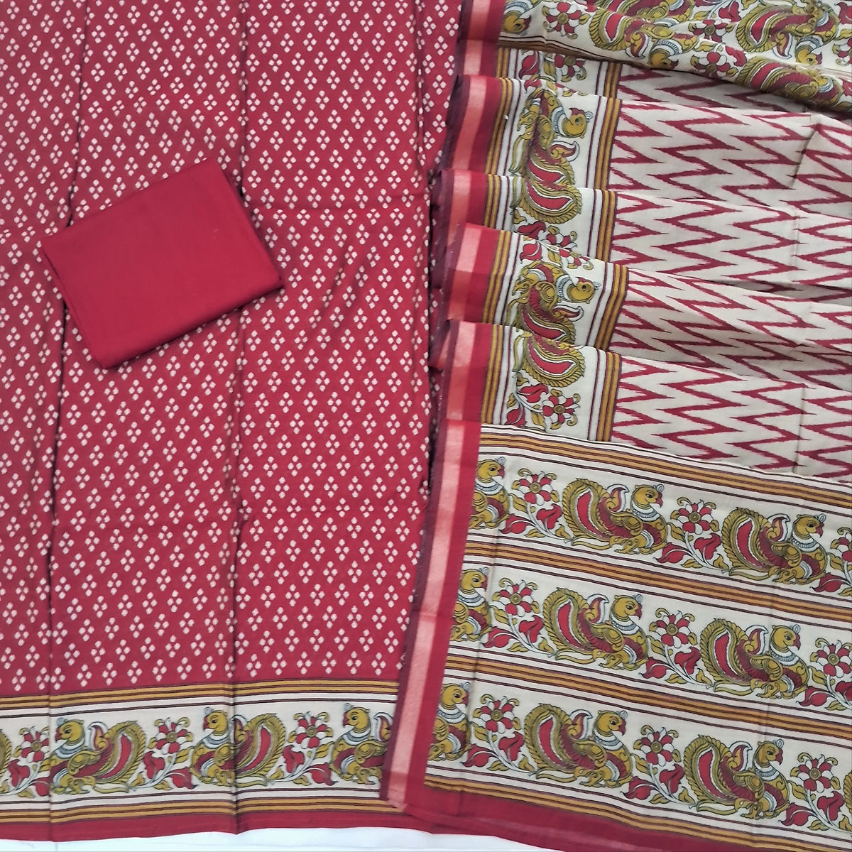 Dark pink digital printed chanderi silk cotton unstitched salwar material,(lining needed) spun cotton bottom, printed full length chanderi silk cotton dupatta with tissue borders. OC262110