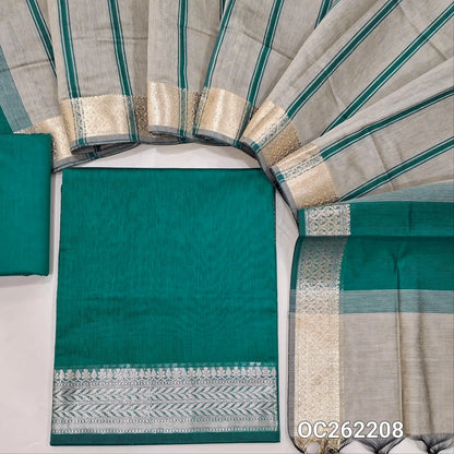 Teal green semi Maheshwari silk cotton unstitched salwar material, antic gold zari daman, (lining needed) silk cotton bottom,printed stripes on silk cotton dupatta with zari borders. OC262208