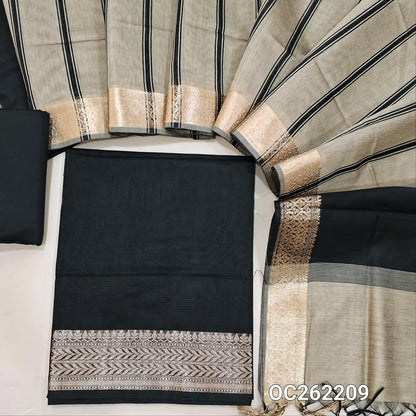 Black semi Maheshwari silk cotton unstitched salwar material, antic gold zari daman, (lining needed) silk cotton bottom,printed stripes on silk cotton dupatta with zari borders. OC262209