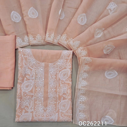 Light peachish pink silk cotton unstitched salwar material, rich embroidery work with sequins on front ,(lining needed)spun cotton bottom, embroidery on silk cotton dupatta with borders. OC262211