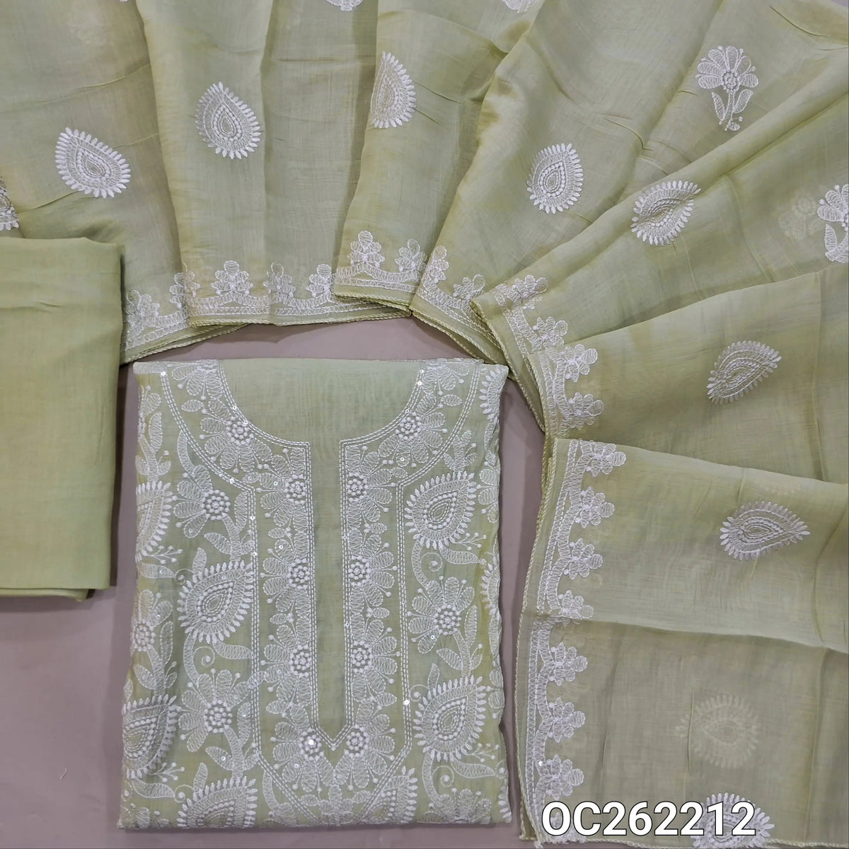 Pastel green silk cotton unstitched salwar material, rich embroidery work with sequins on front ,(lining needed)spun cotton bottom, embroidery on silk cotton dupatta with borders. OC262212