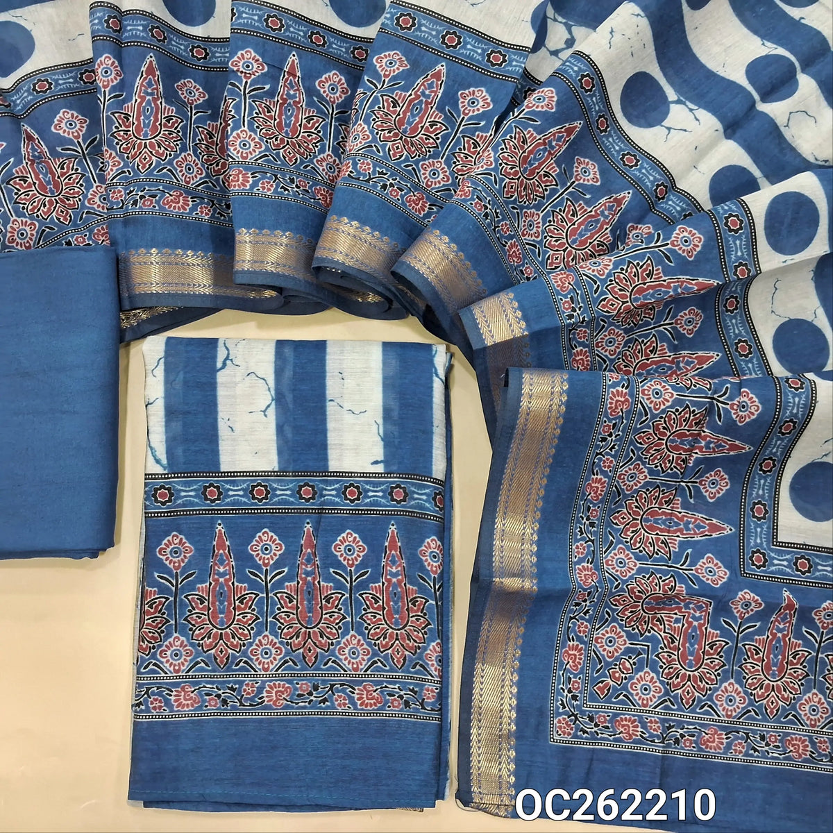 Indigo blue chanderi silk cotton unstitched salwar material,vertical design on front,ajrak printed daman(lining needed)spun cotton bottom, printed full length chanderi silk cotton dupatta with zari borders. OC262210