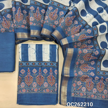 Indigo blue chanderi silk cotton unstitched salwar material,vertical design on front,ajrak printed daman(lining needed)spun cotton bottom, printed full length chanderi silk cotton dupatta with zari borders. OC262210