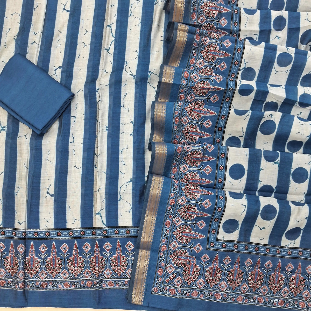 Indigo blue chanderi silk cotton unstitched salwar material,vertical design on front,ajrak printed daman(lining needed)spun cotton bottom, printed full length chanderi silk cotton dupatta with zari borders. OC262210