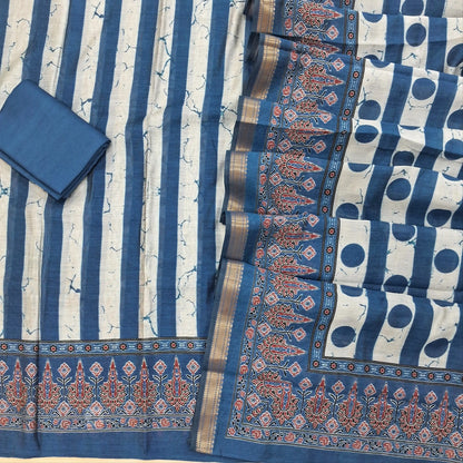 Indigo blue chanderi silk cotton unstitched salwar material,vertical design on front,ajrak printed daman(lining needed)spun cotton bottom, printed full length chanderi silk cotton dupatta with zari borders. OC262210