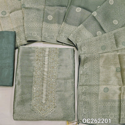Sage green with golden tint premium tissue unstitched salwar material,zarodzi and sequins on yoke,zari woven daman,(Shimmer, Lining Needed)premium silk bottom, buttas on dual shaded benarasi tissue dupatta with borders(DRY CLEAN ONLY). OC262201