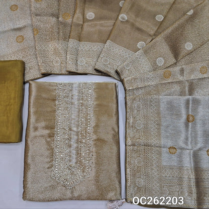 Golden beige premium tissue unstitched salwar material,zarodzi and sequins on yoke,zari woven daman,(Shimmer, Lining Needed)premium silk bottom, buttas on dual shaded benarasi tissue dupatta with borders(DRY CLEAN ONLY). OC262203