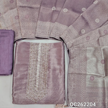 Purple with golden tint premium tissue unstitched salwar material,zarodzi and sequins on yoke,zari woven daman,(Shimmer, Lining Needed)premium silk bottom, buttas on dual shaded benarasi tissue dupatta with borders(DRY CLEAN ONLY). OC262204