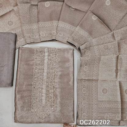 Light mauve with golden tint premium tissue unstitched salwar material,zarodzi and sequins on yoke,zari woven daman,(Shimmer, Lining Needed)premium silk bottom, buttas on dual shaded benarasi tissue dupatta with borders(DRY CLEAN ONLY). OC262202
