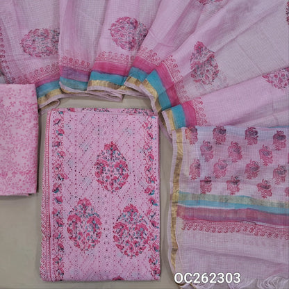 Pastel pink block printed soft cotton unstitched salwar material, panel design,chikankari embroidery with cutwork on front,(lining needed)block printed mul cotton bottom, block printed kota dupatta with tissue borders. OC262303