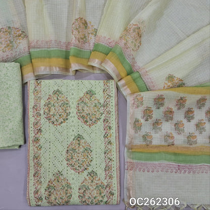 Pastel green block printed soft cotton unstitched salwar material, panel design,chikankari embroidery with cutwork on front,(lining needed)block printed mul cotton bottom, block printed kota dupatta with tissue borders. OC262306