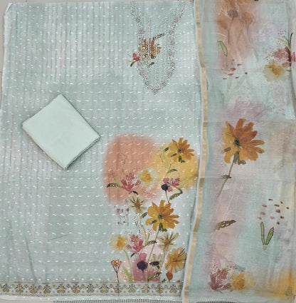Pale blueish grey premium silk cotton unstitched salwar material,sugar bead & thread work yoke, thread buttas all over &  printed daman,(lining needed)silky fabric for lining & bottom, digital printed silk cotton dupatta with tissue borders. OC262302