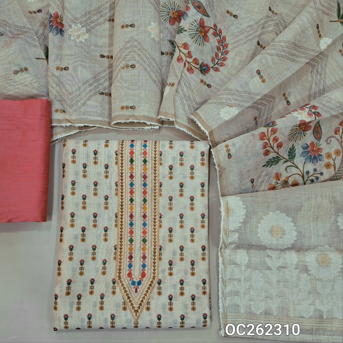 Rich beige printed premium silk cotton unstitched salwar material,colourful printed yoke,(lining needed)pink silk cotton bottom,jamdani weaving & digital printed silk cotton dupatta with rich pallu. OC262310