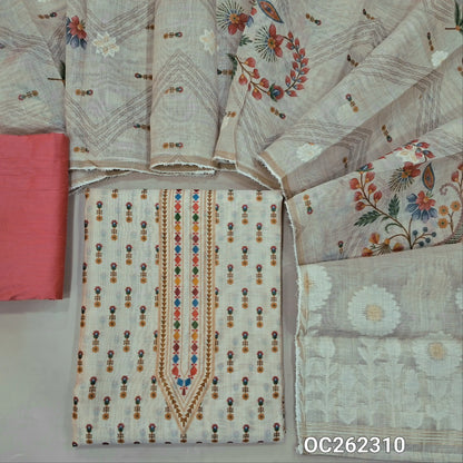 Rich beige printed premium silk cotton unstitched salwar material,colourful printed yoke,(lining needed)pink silk cotton bottom,jamdani weaving & digital printed silk cotton dupatta with rich pallu. OC262310