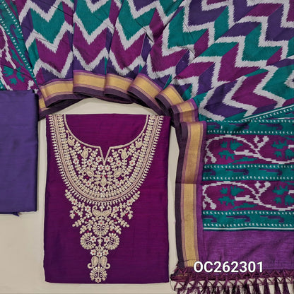 Designer bright purple raw silk unstitched salwar material,  heavy zari and sequins work on yoke (Textured, Lining Needed)blueish purple silk cotton bottom, multicoloured ikat printed fancy silk dupatta with fancy tassels. OC262301