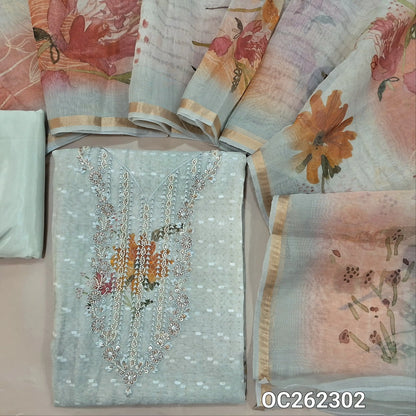 Pale blueish grey premium silk cotton unstitched salwar material,sugar bead & thread work yoke, thread buttas all over &  printed daman,(lining needed)silky fabric for lining & bottom, digital printed silk cotton dupatta with tissue borders. OC262302