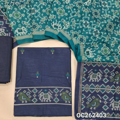 Dark blue premium silk cotton unstitched salwar material,floral buttas on front,patola weaving on daman,(lining needed)silk cotton bottom, patola weaving on full length silk cotton dupatta with contrast pallu and tassels. OC262403