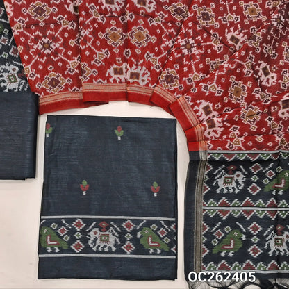 Black premium silk cotton unstitched salwar material,floral buttas on front,patola weaving on daman,(lining needed)silk cotton bottom, patola weaving on full length silk cotton dupatta with contrast pallu and tassels. OC262405