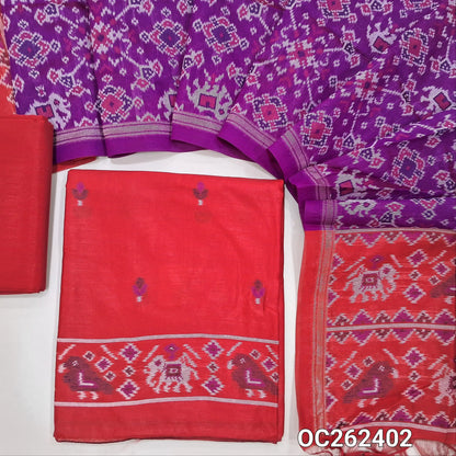 Bright red premium silk cotton unstitched salwar material,floral buttas on front,patola weaving on daman,(lining needed)silk cotton bottom, patola weaving on full length silk cotton dupatta with contrast pallu and tassels. OC262402