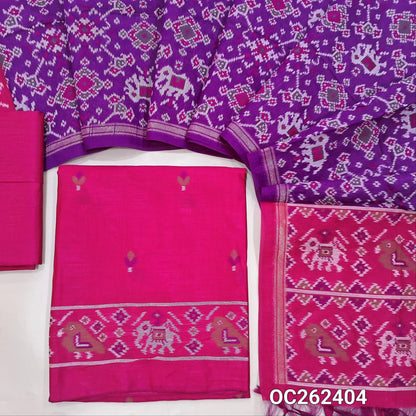 Bright pink premium silk cotton unstitched salwar material,floral buttas on front,patola weaving on daman,(lining needed)silk cotton bottom, patola weaving on full length silk cotton dupatta with contrast pallu and tassels. OC262404