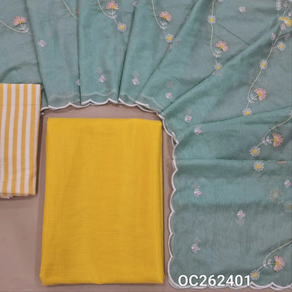PREORDER AFTER 10 DAYS Designer pastel yellow kota unstitched salwar material,faux mirror on front(Lining Needed) striped cotton bottom, thread embroidery work on mul chanderi dupatta with scallop borders. OC262401