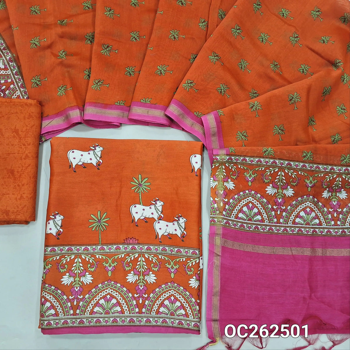 Designer bright orange pure chanderi unstitched salwar material,pichwai printed all over, printed daman, (lining needed)printed santoon bottom, printed pure chanderi dupatta with pallu and tissue borders. OC262501