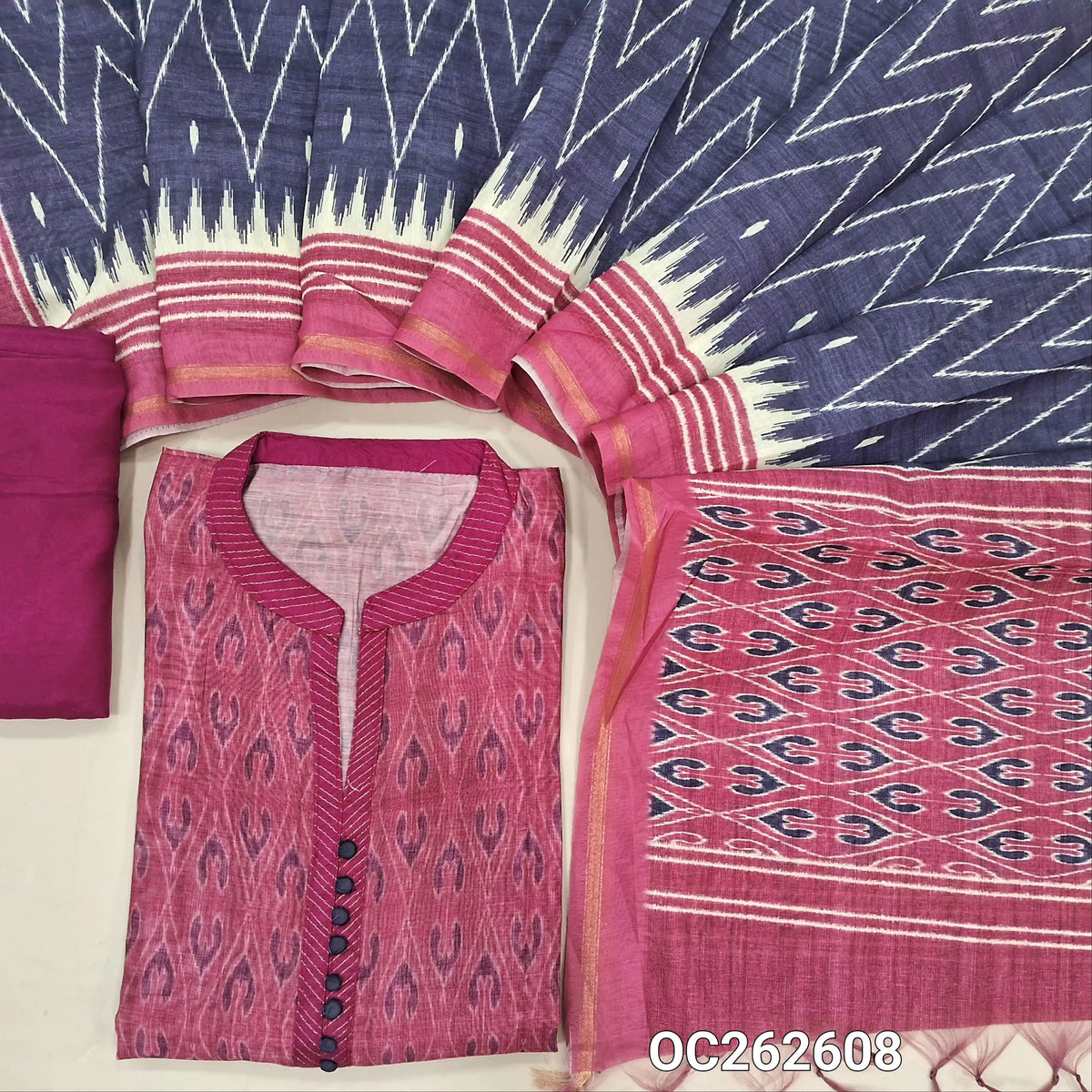 Pink chanderi silk cotton digital printed unstitched salwar material, mandarin neckline with potli button (Lightweight, Lining Needed) matching santoon bottom, digital printed chanderi silk cotton dupatta. OC262608