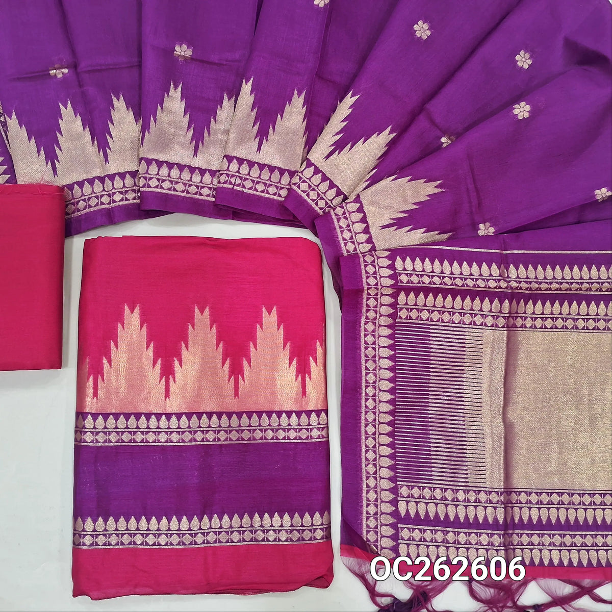 Bright pink and purple benarasi silk cotton unstitched salwar material, temple gap bordered on daman (Thin, Lining Needed) santoon bottom, benarasi silk cotton dupatta. OC262606