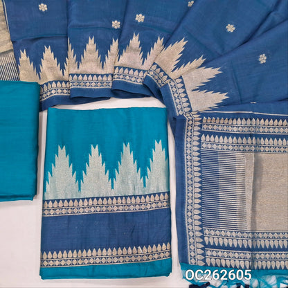 Turquoise blue and dark blue benarasi silk cotton unstitched salwar material, temple gap bordered on daman (Thin, Lining Needed) santoon bottom, benarasi silk cotton dupatta. OC262605