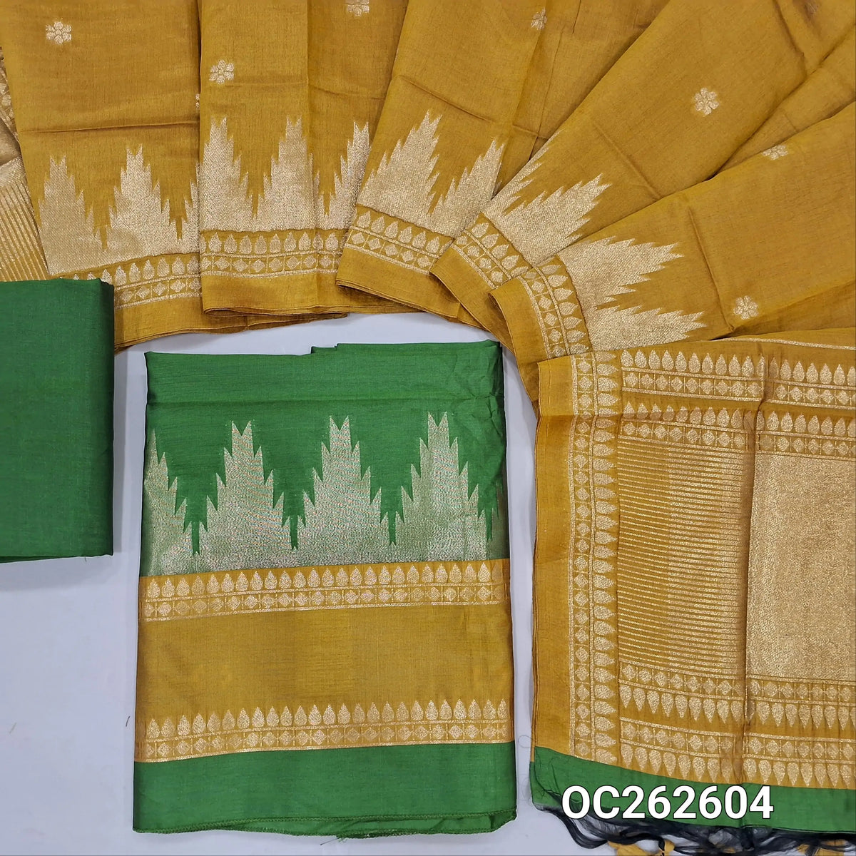 Leafy green and mehandhi yellow benarasi silk cotton unstitched salwar material, temple gap bordered on daman (Thin, Lining Needed) santoon bottom, benarasi silk cotton dupatta. OC262604