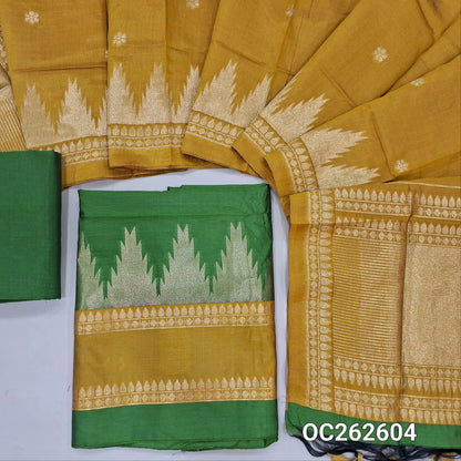 Leafy green and mehandhi yellow benarasi silk cotton unstitched salwar material, temple gap bordered on daman (Thin, Lining Needed) santoon bottom, benarasi silk cotton dupatta. OC262604