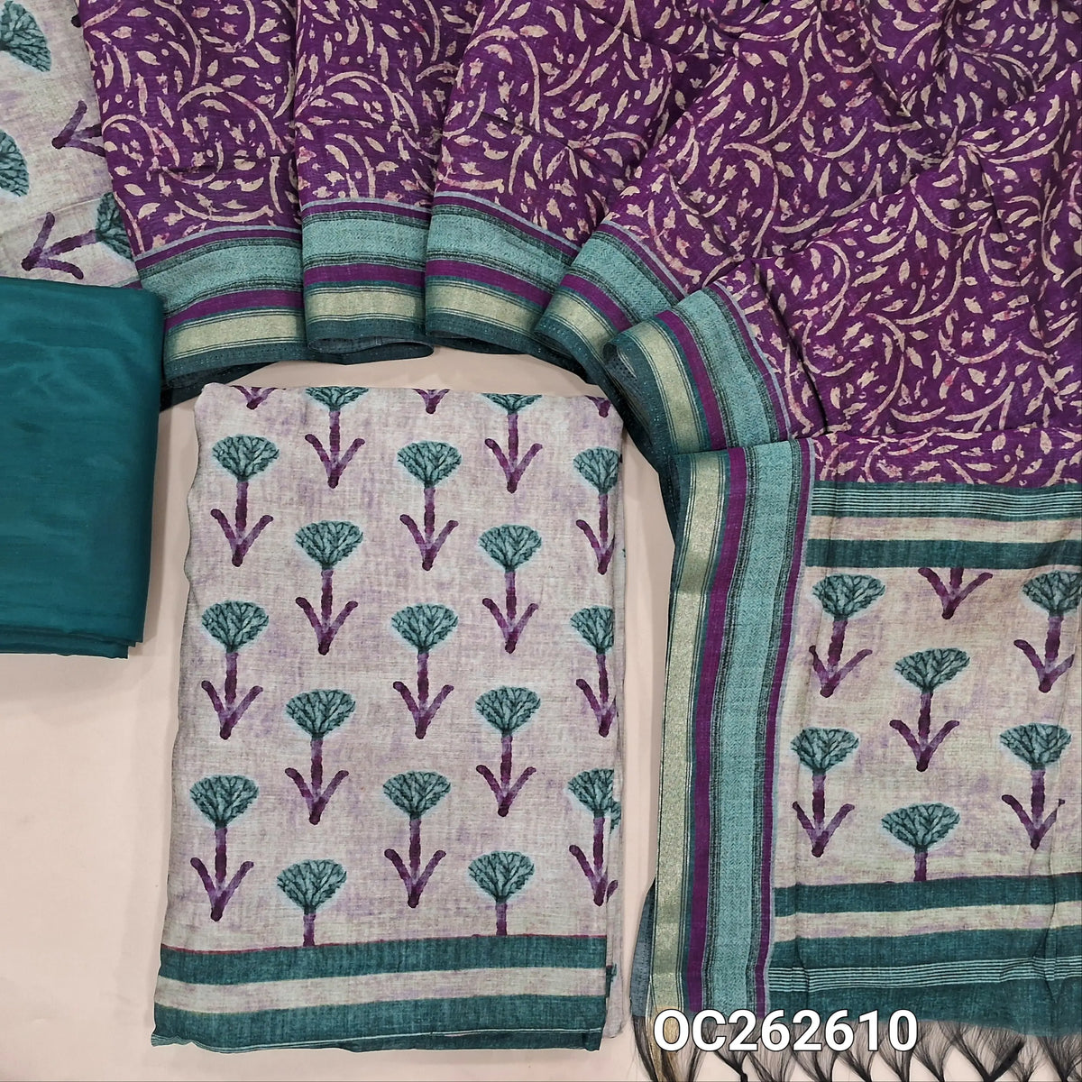 Light beige viscous maheshwari unstitched salwar material,printed all over,(Lining Needed)teal green silky bottom,printed full length viscous maheshwari dupatta with pallu. OC262610
