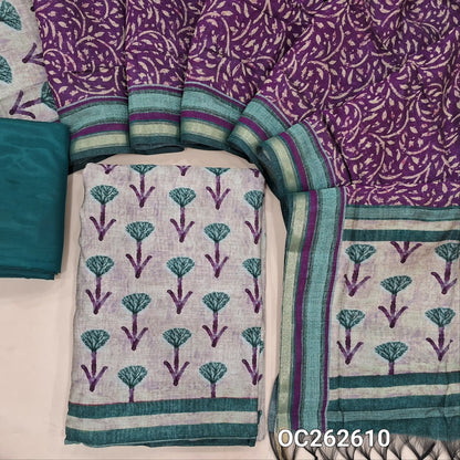 Light beige viscous maheshwari unstitched salwar material,printed all over,(Lining Needed)teal green silky bottom,printed full length viscous maheshwari dupatta with pallu. OC262610