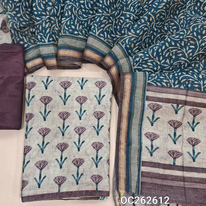 Light beige viscous maheshwari unstitched salwar material,printed all over,(Lining Needed)dark mauve silky bottom,printed full length viscous maheshwari dupatta with pallu. OC262612
