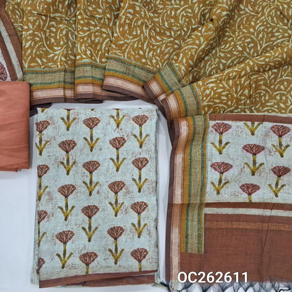 Light beige viscous maheshwari unstitched salwar material,printed all over,(Lining Needed)brick red silky bottom,printed full length viscous maheshwari dupatta with pallu. OC262611