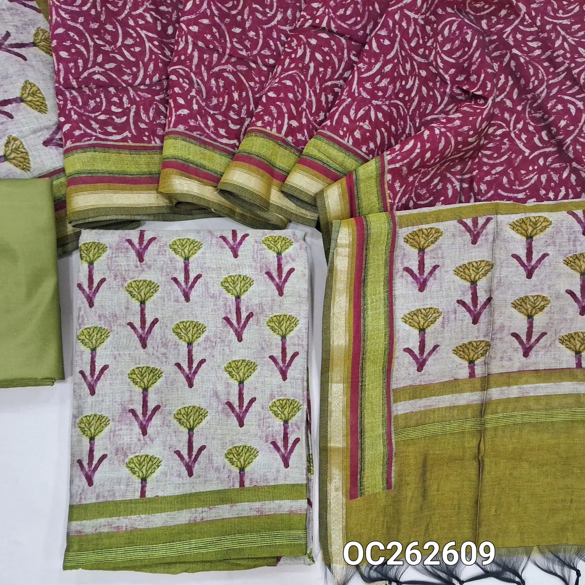 Light beige viscous maheshwari unstitched salwar material,printed all over,(Lining Needed)green silky bottom,printed full length viscous maheshwari dupatta with pallu. OC262609